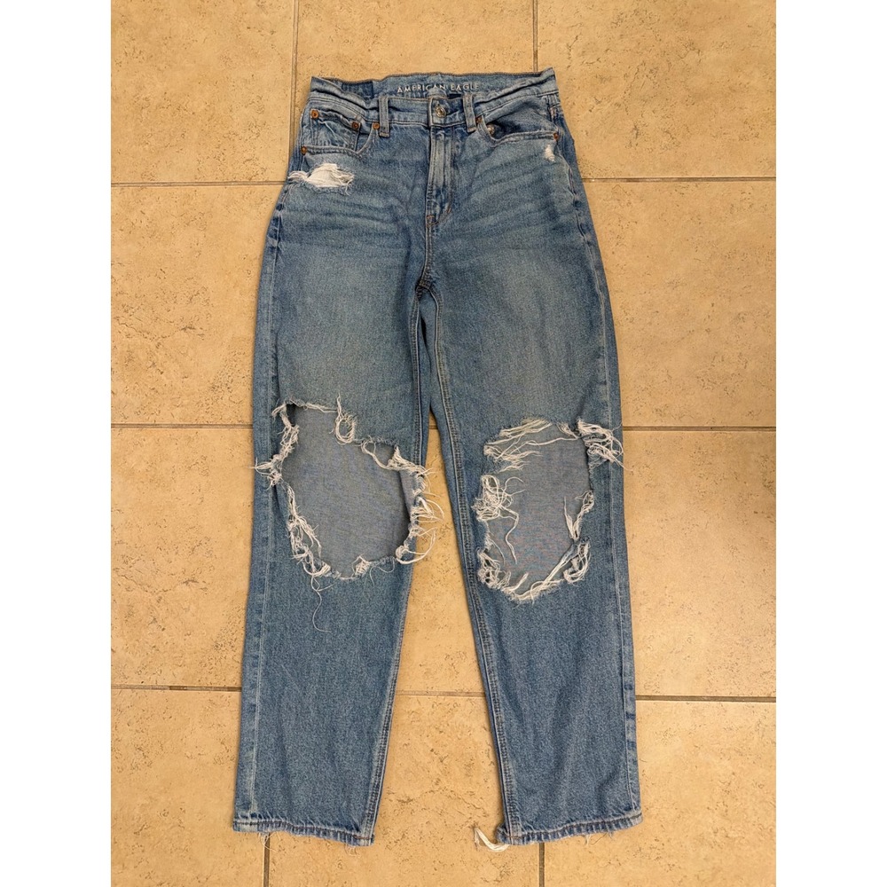 American Eagle Super High-Rise Baggy Straight Distressed Jeans Blue Strigid